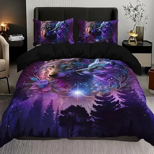 YZQGLHP Bettbezüge 135x200 Wald, Bettwaesche Wolf, Bettbezug Mikrofaser 3teilig, Bettwäsche Weich Atmungsaktiv und 2 Kissenbezüge 80x80 cm, mit Reißverschluss von YZQGLHP
