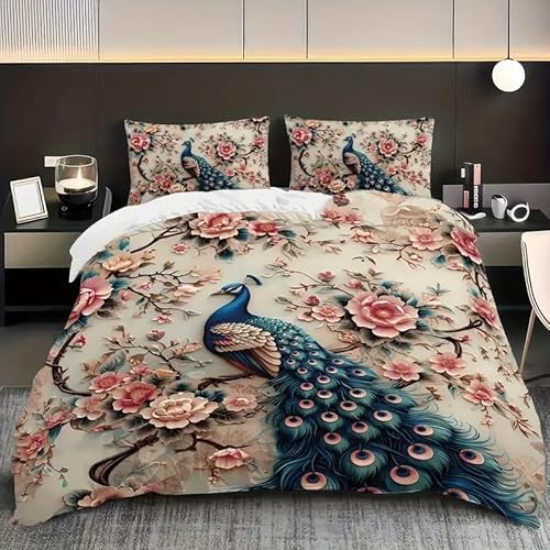 YZQGLHP Bettbezüge 155x220 Pfau, Bettwaesche Blumen, Bettbezug Mikrofaser 3teilig, Bettwäsche Weich Atmungsaktiv und 2 Kissenbezüge 80x80 cm, mit Reißverschluss von YZQGLHP