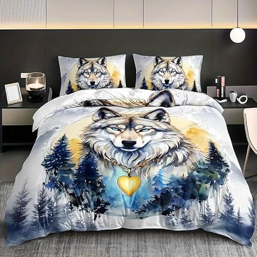 YZQGLHP Bettbezüge 200x200 Wolf, Bettwaesche Wald, Bettbezug Mikrofaser 3teilig, Bettwäsche Weich Atmungsaktiv und 2 Kissenbezüge 80x80 cm, mit Reißverschluss von YZQGLHP