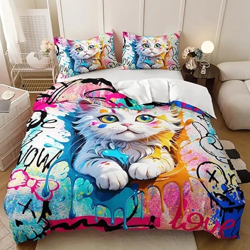 YZQGLHP Bettbezüge 240x260 Katze Bettwaesche Psychedelische Zusammenfassung Bettbezug Mikrofaser 3teilig Bettwäsche Weich Atmungsaktiv und 2 Kissenbezüge 80x80 cm mit Reißverschluss von YZQGLHP