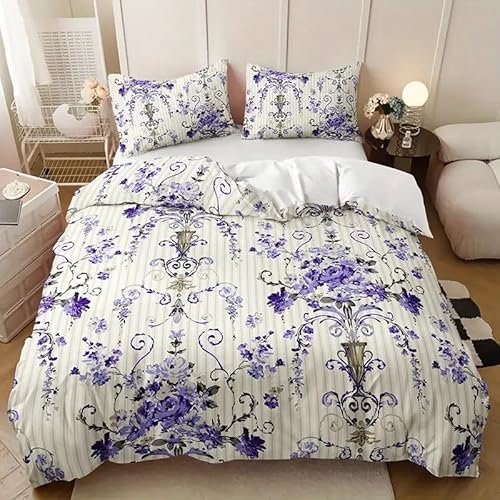 YZQGLHP Bettbezüge 240x260 Lila Blume, Bettwaesche Pastoralstil, Bettbezug Mikrofaser 3teilig, Bettwäsche Weich Atmungsaktiv und 2 Kissenbezüge 80x80 cm, mit Reißverschluss von YZQGLHP
