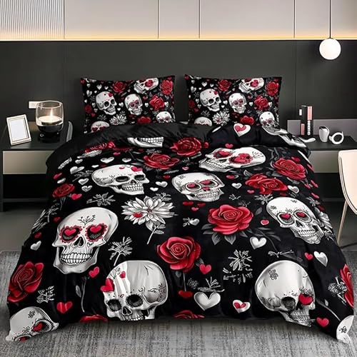 YZQGLHP Bettbezüge 240x260 Rote Rose Bettwaesche Skeleton Bettbezug Mikrofaser 3teilig Bettwäsche Weich Atmungsaktiv und 2 Kissenbezüge 80x80 cm mit Reißverschluss von YZQGLHP