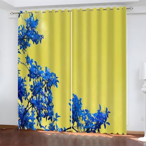 YZQGLHP Blaue Blätter Vorhänge, Gelb Gardinen, Verdunklungsvorhänge, Schallschutz Vorhang, für Sichtschutz im Wohn und Schlafzimmer, B80 x H115 cm (2er-Pack) von YZQGLHP