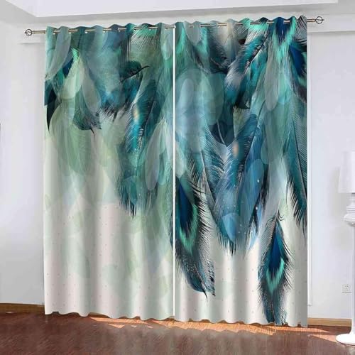 YZQGLHP Blaue Federn Vorhänge, 3D Druck Gardinen, Verdunklungsvorhänge, Schallschutz Vorhang, für Sichtschutz im Wohn und Schlafzimmer, B140 X H260 cm (2er-Pack) von YZQGLHP