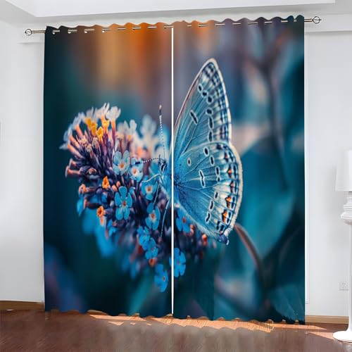 YZQGLHP Blauer Schmetterling Vorhänge, Blaue Blumen Gardinen, Verdunklungsvorhänge, Schallschutz Vorhang, für Sichtschutz im Wohn und Schlafzimmer, B80 x H115 cm (2er-Pack) von YZQGLHP