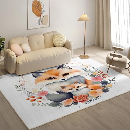 YZQGLHP Blumen Teppich Fuchs Teppiche, Weich Kurzflor & Waschbar & rutschfest Fussmatte Innen, Easy Clean Teppichs 100x200 cm fürs Wohnzimmer, Schlafzimmer und Esszimmer von YZQGLHP