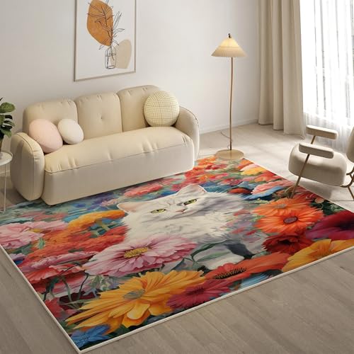 YZQGLHP Blumen Teppich Katze Teppiche, Weich Kurzflor & Waschbar & rutschfest Fussmatte Innen, Easy Clean Teppichs 140x200 cm fürs Wohnzimmer, Schlafzimmer und Esszimmer von YZQGLHP