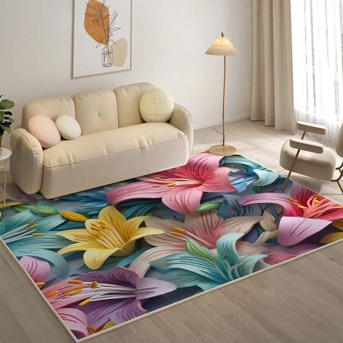 YZQGLHP Blumen Teppich Lilie Teppiche, Weich Kurzflor & Waschbar & rutschfest Fussmatte Innen, Easy Clean Teppichs 100x200 cm fürs Wohnzimmer, Schlafzimmer und Esszimmer von YZQGLHP