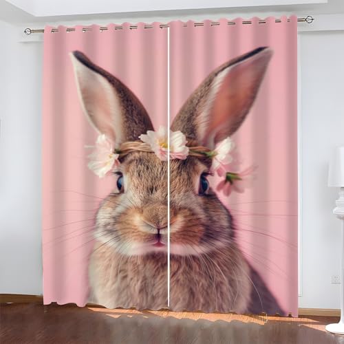 YZQGLHP Braunes Kaninchen Vorhänge, Rosa Blumen Gardinen, Verdunklungsvorhänge, Schallschutz Vorhang, für Sichtschutz im Wohn und Schlafzimmer, B117 x H183 cm (2er-Pack) von YZQGLHP