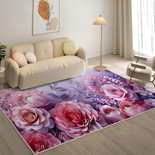 YZQGLHP Chinesische Rose Teppich Blumen Teppiche, Weich Kurzflor & Waschbar & rutschfest Fussmatte Innen, Easy Clean Teppichs 100x200 cm fürs Wohnzimmer, Schlafzimmer und Esszimmer von YZQGLHP