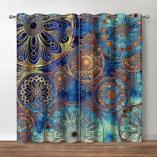 YZQGLHP Gardinen Blau Vorhänge Muster Verdunklungsvorhänge Schiebe Schallschutz Polyester Vorhang mit Ösen für Schlafzimmer Wohnzimmer H220 x B140 cm 2er Set von YZQGLHP