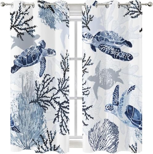 YZQGLHP Gardinen Blau Vorhänge SchildkröTe Verdunklungsvorhänge Schiebe Schallschutz Polyester Vorhang mit Ösen für Schlafzimmer Wohnzimmer H220 x B140 cm 2er Set von YZQGLHP