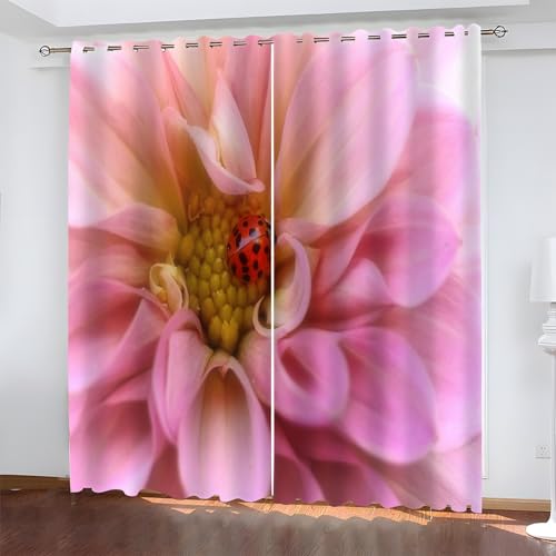 YZQGLHP Gardinen Blumen Vorhänge H145 x B135 cm MarienkäFer Verdunklungsvorhänge 2er Set Schiebe Schallschutz Polyester Vorhang mit Ösen für Schlafzimmer Wohnzimmer von YZQGLHP