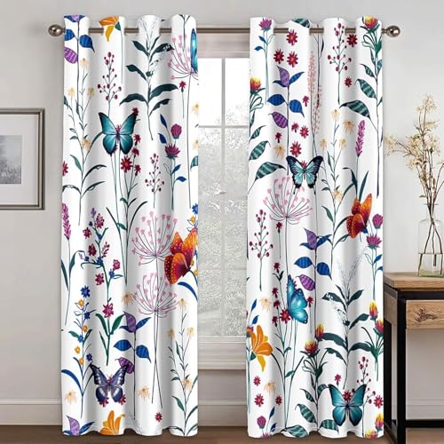 YZQGLHP Gardinen Schmetterling VorhäNge Blumen und Gras VerdunklungsvorhäNge mit Ösen Blickdicht Schallschutz Gardine für Schlafzimmer Wohnzimmer 2er Set H137 x B117 cm von YZQGLHP