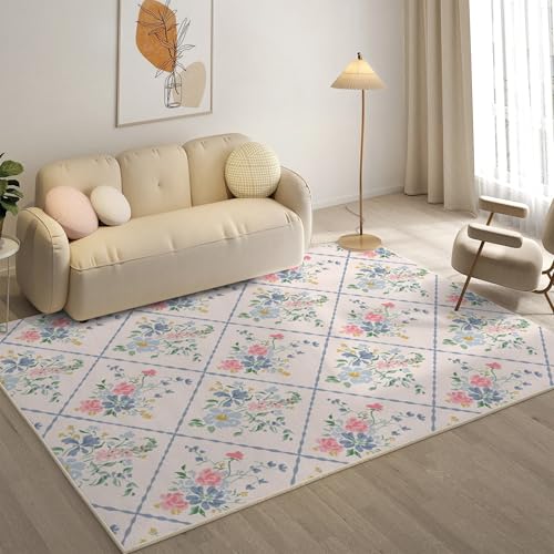 YZQGLHP Gitter Teppich Blumen Teppiche, Weich Kurzflor & Waschbar & rutschfest Fussmatte Innen, Easy Clean Teppichs 100x200 cm fürs Wohnzimmer, Schlafzimmer und Esszimmer von YZQGLHP