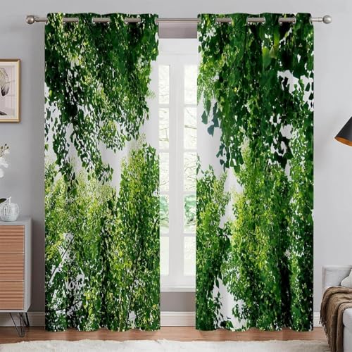 YZQGLHP Grüne Bäume Vorhänge, Weiß Gardinen, Verdunklungsvorhänge, Schallschutz Vorhang, für Sichtschutz im Wohn und Schlafzimmer, B140 X H225 cm (2er-Pack) von YZQGLHP