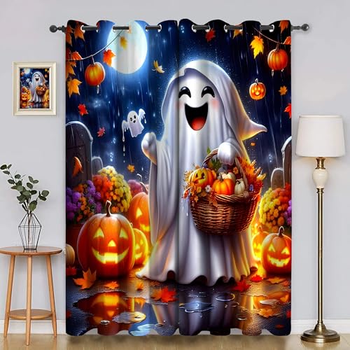 YZQGLHP Halloween Blumen Vorhänge, Geist, Kürbis Gardinen, Verdunklungsvorhänge, Schallschutz Vorhang, für Sichtschutz im Wohn und Schlafzimmer, B117 x H183 cm (2er-Pack) von YZQGLHP