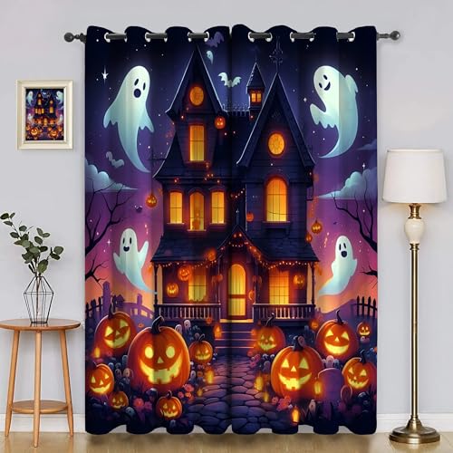 YZQGLHP Halloween Vorhänge, Geister, Kürbisse Gardinen, Verdunklungsvorhänge, Schallschutz Vorhang, für Sichtschutz im Wohn und Schlafzimmer, B117 x H183 cm (2er-Pack) von YZQGLHP