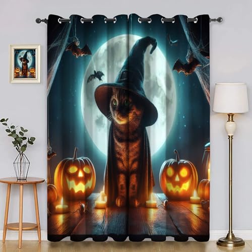 YZQGLHP Halloween Vorhänge, Kürbisse, Katzen Gardinen, Verdunklungsvorhänge, Schallschutz Vorhang, für Sichtschutz im Wohn und Schlafzimmer, B140 x H225 cm (2er-Pack) von YZQGLHP