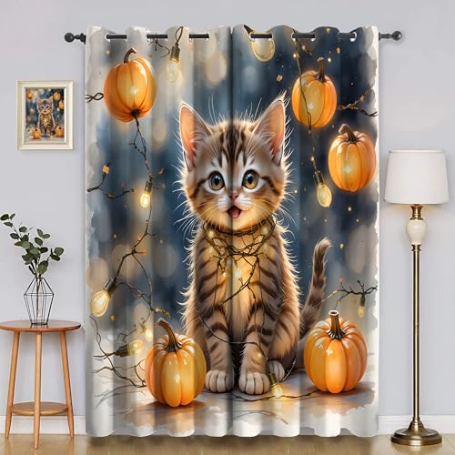 YZQGLHP Halloween Vorhänge, Kürbisse, Katzen Gardinen, Verdunklungsvorhänge, Schallschutz Vorhang, für Sichtschutz im Wohn und Schlafzimmer, B75 x H166 cm (2er-Pack) von YZQGLHP