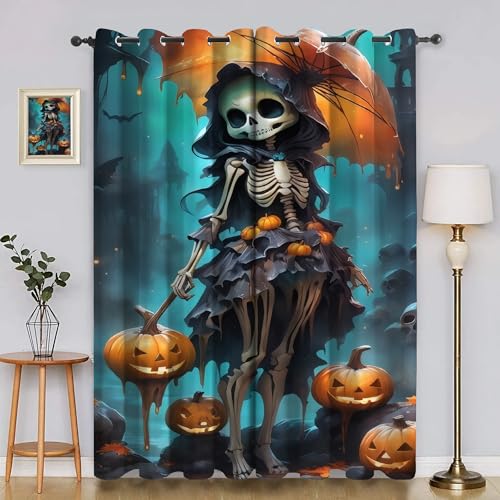 YZQGLHP Halloween Vorhänge, Totenkopf, Kürbis Gardinen, Verdunklungsvorhänge, Schallschutz Vorhang, für Sichtschutz im Wohn und Schlafzimmer, B117 x H137 cm (2er-Pack) von YZQGLHP