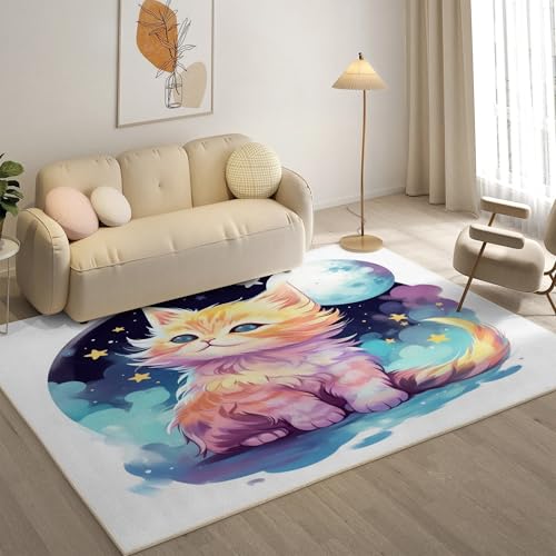 YZQGLHP Katze Teppich Mond Teppiche, Weich Kurzflor & Waschbar & rutschfest Fussmatte Innen, Easy Clean Teppichs 60x90 cm fürs Wohnzimmer, Schlafzimmer und Esszimmer von YZQGLHP