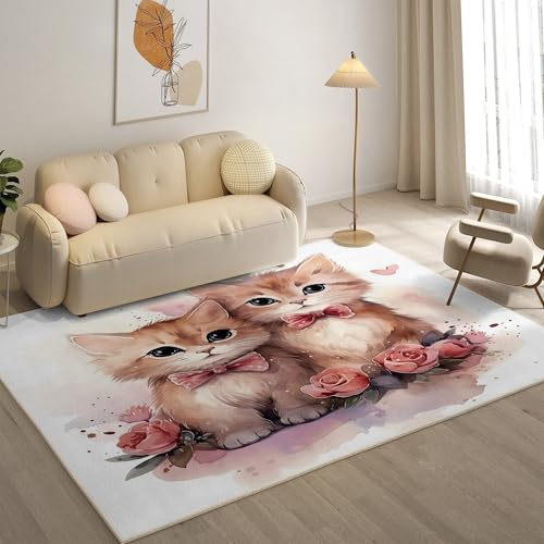 YZQGLHP Katze Teppich Rose Teppiche, Weich Kurzflor & Waschbar & rutschfest Fussmatte Innen, Easy Clean Teppichs 60x90 cm fürs Wohnzimmer, Schlafzimmer und Esszimmer von YZQGLHP