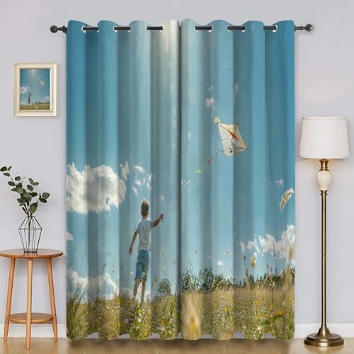 YZQGLHP Natur Landschaft Vorhänge, Blauer Himmel und Weiße Wolken Gardinen, Verdunklungsvorhänge, Schallschutz Vorhang, für Sichtschutz im Wohn und Schlafzimmer, B75 x H166 cm (2er-Pack) von YZQGLHP