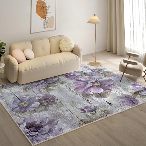 YZQGLHP Retro Teppich Lila Blume Teppiche, Weich Kurzflor & Waschbar & rutschfest Fussmatte Innen, Easy Clean Teppichs 100x200 cm fürs Wohnzimmer, Schlafzimmer und Esszimmer von YZQGLHP