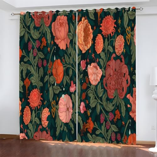 YZQGLHP Rote Blume Vorhänge, Grüne Blätter Gardinen, Verdunklungsvorhänge, Schallschutz Vorhang, für Sichtschutz im Wohn und Schlafzimmer, B80 x H115 cm (2er-Pack) von YZQGLHP