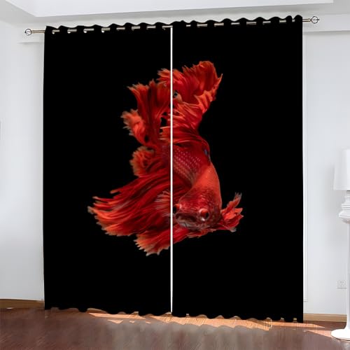 YZQGLHP Roter Goldfisch Vorhänge, Schwarz Gardinen, Verdunklungsvorhänge, Schallschutz Vorhang, für Sichtschutz im Wohn und Schlafzimmer, B75 x H166 cm (2er-Pack) von YZQGLHP