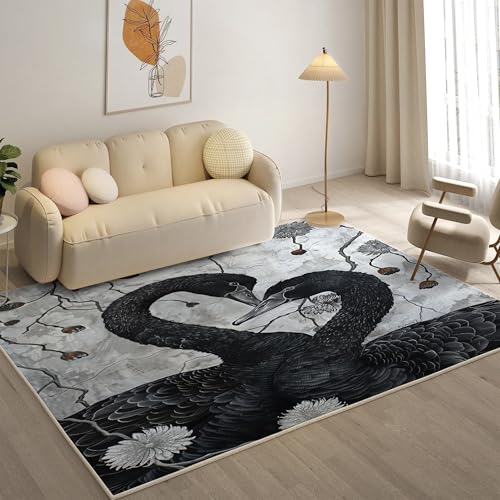 YZQGLHP Schwarzer Schwan Teppich Blumen Teppiche, Weich Kurzflor & Waschbar & rutschfest Fussmatte Innen, Easy Clean Teppichs 120x180 cm fürs Wohnzimmer, Schlafzimmer und Esszimmer von YZQGLHP