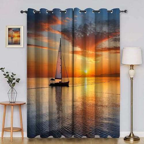 YZQGLHP Segelboot Vorhänge, Naturlandschaft Gardinen, Verdunklungsvorhänge, Schallschutz Vorhang, für Sichtschutz im Wohn und Schlafzimmer, B140 X H260 cm (2er-Pack) von YZQGLHP