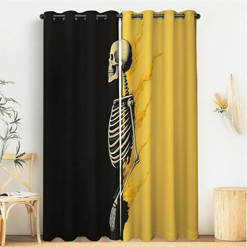 YZQGLHP Totenköpfe Vorhänge, Gelb-Schwarz Gardinen, Verdunklungsvorhänge, Schallschutz Vorhang, für Sichtschutz im Wohn und Schlafzimmer, B117 X H137 cm (2er-Pack) von YZQGLHP
