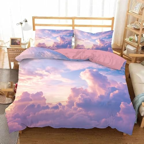 YZQGLHP WeißE Wolken Bettwäsche 135x200 Rosa, Wendebettwäsche & Zimmer Deko, Weiche Microfaser Bettbezug Set 2 Teilig, 2 Kissenbezug 80x80, mit Reißverschluss von YZQGLHP