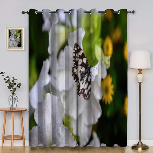 YZQGLHP Weiße Blumen Vorhänge, Schmetterling Gardinen, Verdunklungsvorhänge, Schallschutz Vorhang, für Sichtschutz im Wohn und Schlafzimmer, B75 X H166 cm (2er-Pack) von YZQGLHP