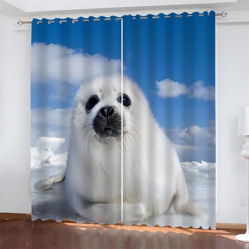 YZQGLHP Weiße Robbe Vorhänge, Tiere Gardinen, Verdunklungsvorhänge, Schallschutz Vorhang, für Sichtschutz im Wohn und Schlafzimmer, B117 x H183 cm (2er-Pack) von YZQGLHP