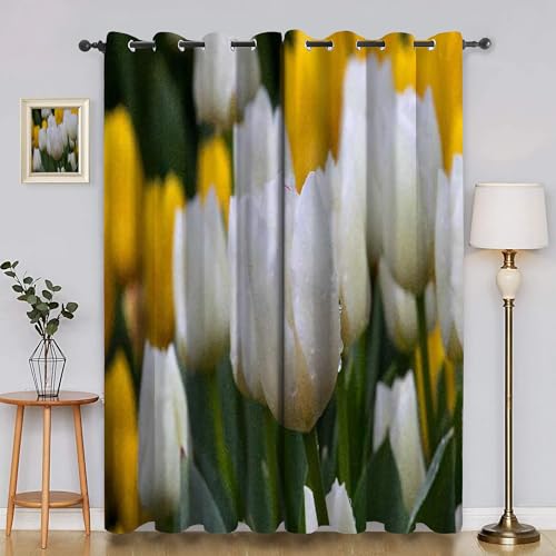 YZQGLHP Weiße Tulpe Vorhänge, Blumenmuster Gardinen, Verdunklungsvorhänge, Schallschutz Vorhang, für Sichtschutz im Wohn und Schlafzimmer, B140 X H260 cm (2er-Pack) von YZQGLHP
