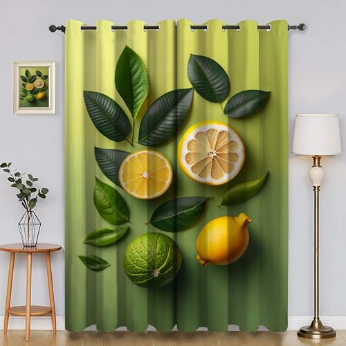 YZQGLHP Zitrone Vorhänge, Fruchtmuster Gardinen, Verdunklungsvorhänge, Schallschutz Vorhang, für Sichtschutz im Wohn und Schlafzimmer, B80 X H115 cm (2er-Pack) von YZQGLHP