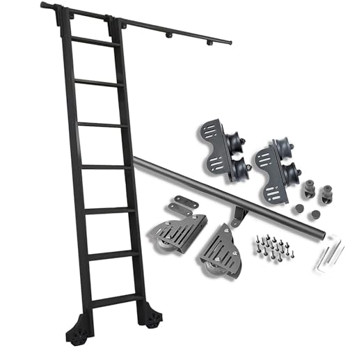 Einziehbare Rollleiterschienen, Gleitleiterschienen-Kit (nur Hardware) mit Bodenrollenrädern, mobile Leiterschienen, verstellbare schwarze Stahlschiene, for Bibliotheks-/Werkstattleitern(5M) von YZRDCXM