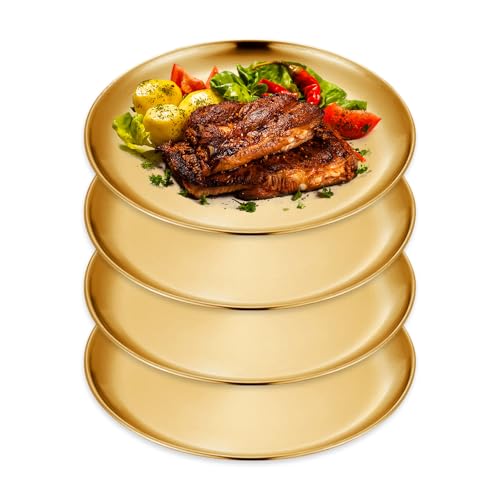 YZROHYI 4 PCS Goldenes Tablett Rund 14 cm,Serviertablett Gold,Metall Dekoteller Klein,Dekotablett Goldfarben,Kaffeetablett Gold,Dekoteller Aus Edelstahl,Speiseteller Runde,Kerzenteller Tablett von YZROHYI