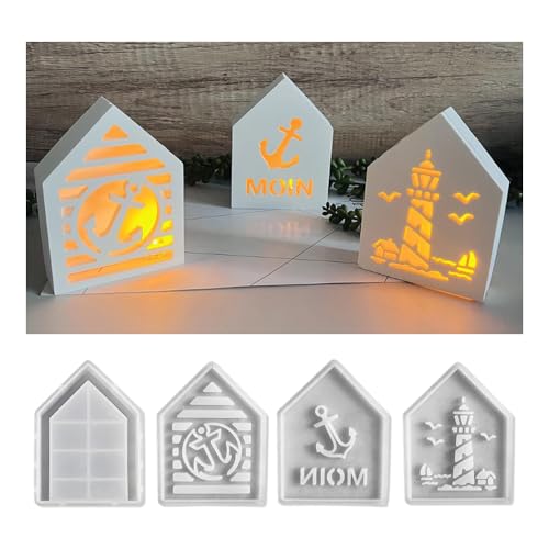 YZROHYI 4 Stück Silikonformen Gießformen Hausform,Kerzenhalter Gießform Silikon Haus 3d,Maritime Leuchtturm Silikonform Häuser,Gips Formen Set,Resin Kerzenform Haus,Seifenformen für Handwerk von YZROHYI