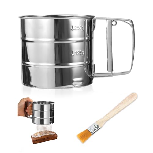 YZROHYI Puderzuckerstreuer Edelstahl,Backsieb Mehlsieb Einhand Puderzuckersieb,Einhandsieb Mehlstreuer mit Pinsel,Handsieb Puderzuckermühle,Pulverstreuer,Staubzuckerstreuer,Küchensieb Feinmaschig von YZROHYI