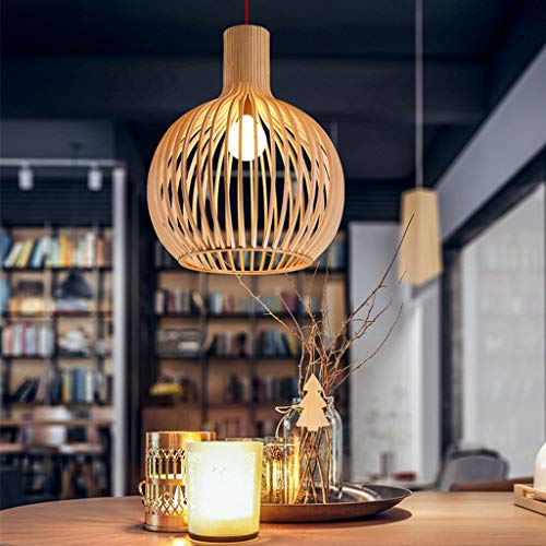 YZSJ Bambus Pendelleuchte, E27 Handgefertigte Hängelampe Höhenverstellbar - Natur Rattan Kronleuchter im Boho & Vintage Stil für Wohnzimmer, Esszimmer, Café, Bar, Schlafzimmer Hängeleuchte Holzschirm von YZSJ