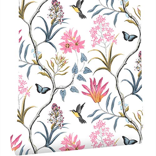 YZWHKJ Tapete Vliestapete Selbstklebende Blumenvogel Tapete Modern Rosa Blume Wohnzimmer Schlafzimmer Küche Badezimmer Wandpapier Home Decoration(3.0mx45cm) von YZWHKJ