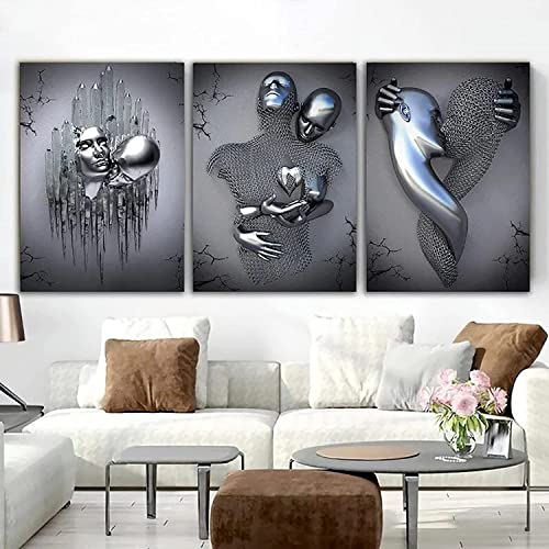 3pcs Liebe Herz 3D-Effekt Wandkunst mit Holzrahmen, Bild Leinwand Kunst Wand, Liebesherz 3D Effekt, Paare, Metallkunst Set, abstrakte Metallfigur Skulptur Deko(60 * 90cm) von YZXFC