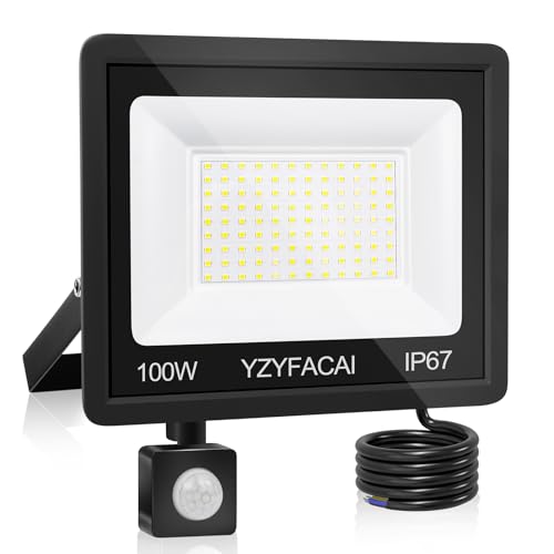 YZYFACAI 100W LED Strahler Mit Bewegungsmelder Außen, 7000K Kaltweiß Außenstrahler, 10000LM, IP67 Wasserdicht Scheinwerfer für Garten, Innenhöfe, Garage von YZYFACAI