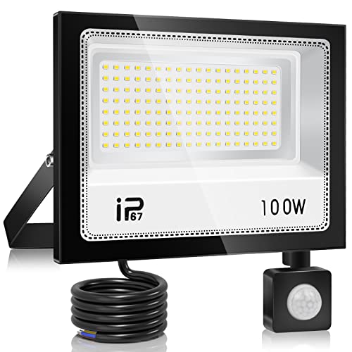 YZYFACAI 100W LED Strahler mit Bewegungsmelder Außen，Superhell 10000LM LED Scheinwerfer，7000K Kaltweiß Scheinwerfer， IP67 Wasserdichte Außenstrahler，für Hinterhof,Garage,Flur,Garten von YZYFACAI