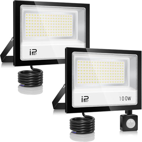 YZYFACAI 100W LED Strahler mit Bewegungsmelder Außen 2PC，Superhell 10000LM LED Scheinwerfer，7000K Kaltweiß Scheinwerfer， IP67 Wasserdichte Außenstrahler，für Hinterhof,Garage,Flur von YZYFACAI