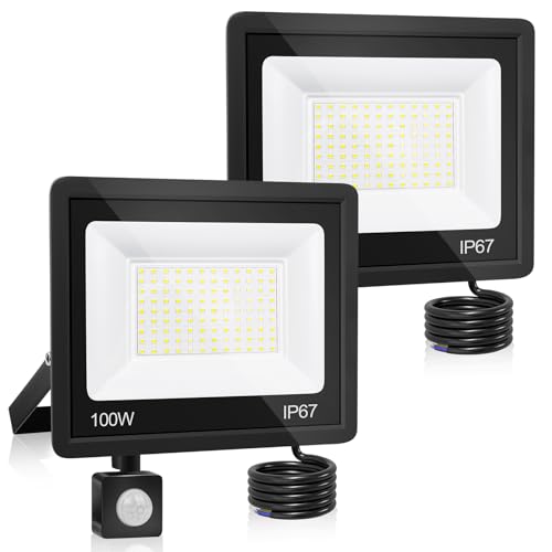 YZYFACAI 100W LED Strahler Mit Bewegungsmelder Außen 2Pcs, 7000K Kaltweiß Außenstrahler, 10000LM, IP67 Wasserdicht Scheinwerfer für Garten, Innenhöfe, Garage von YZYFACAI